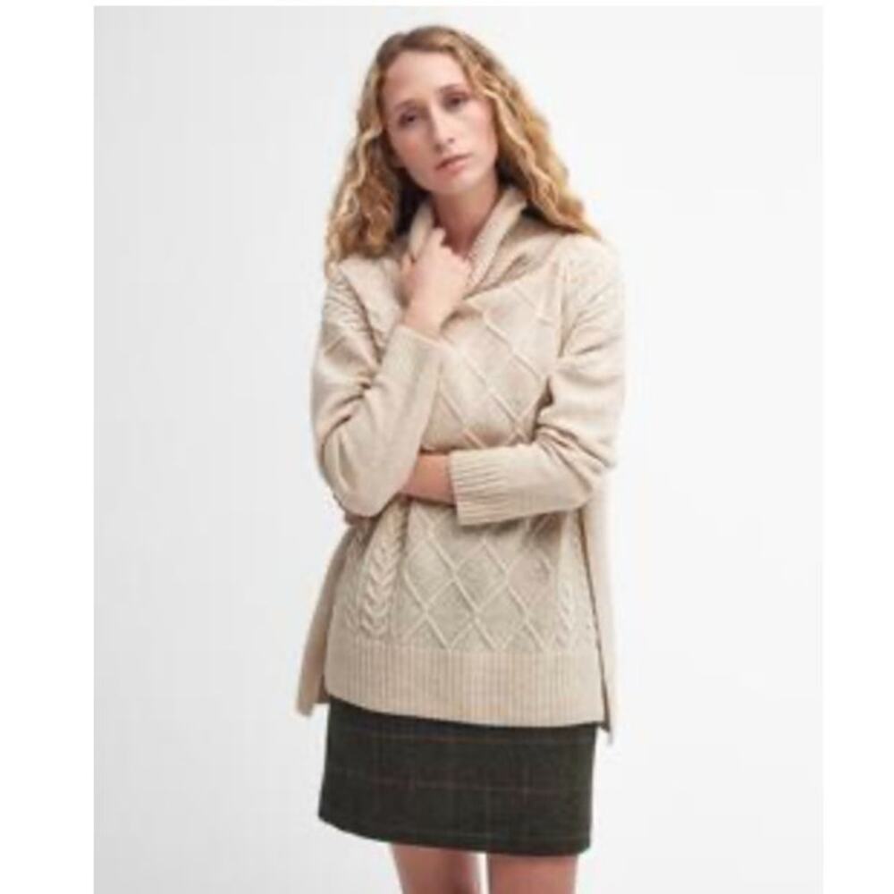 Barbour Burne Cape Cable Knit Turtleneck Wool Blend Sweater in Oatmeal Medium